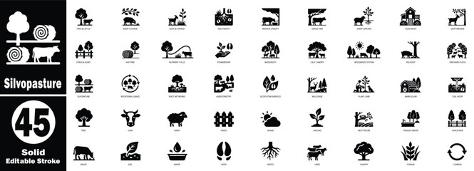 Obraz premium Silvopasture solid icon set. Perfect for web, presentations, apps, and other business design projects, isolated on a background. Editable vector illustration.