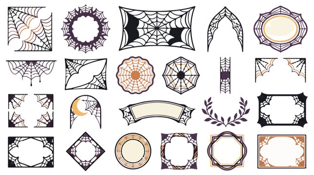 Vintage Halloween Frame Set - Spiderweb Borders, Banners, and Ornaments. Spooky Gothic Vector Elements for Design.