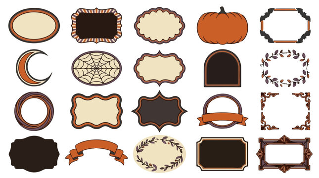 Vintage Halloween label set, retro carved pumpkin texture, dark brown and orange tones, spooky web rings, autumn frame badges, vector graphic collection
