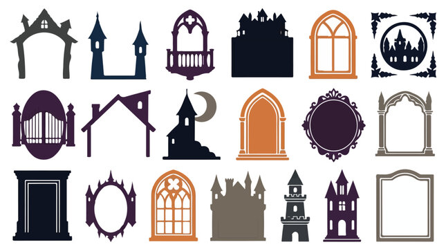 Halloween castle and haunted manor silhouettes, spooky gothic windows, haunted border vector set