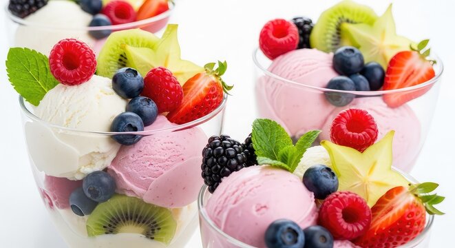 Elegant glass bowls filled with layers of creamy white and pink ice cream, garnished with fresh berries, sliced fruit, and green mint, sweet, seasonal, catering