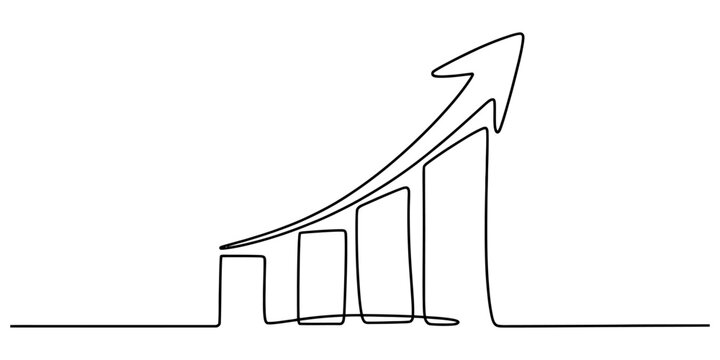 Continuous single line drawing of a rising bar chart graph with an arrow showing business growth and financial success Vector, illustration