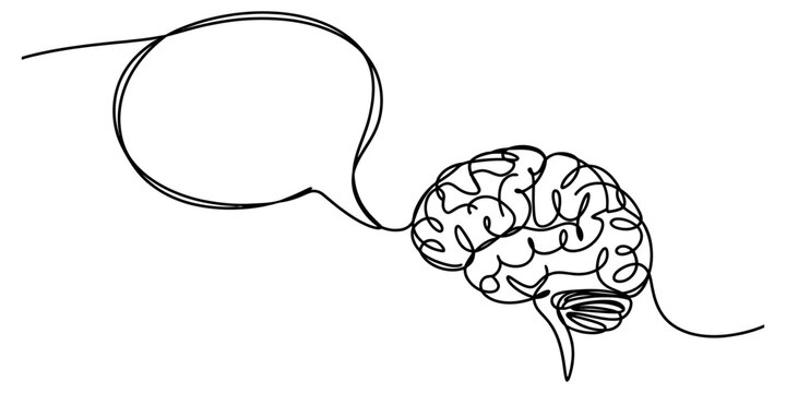 Continuous single line drawing of a human brain connected to an empty speech bubble Vector, illustration