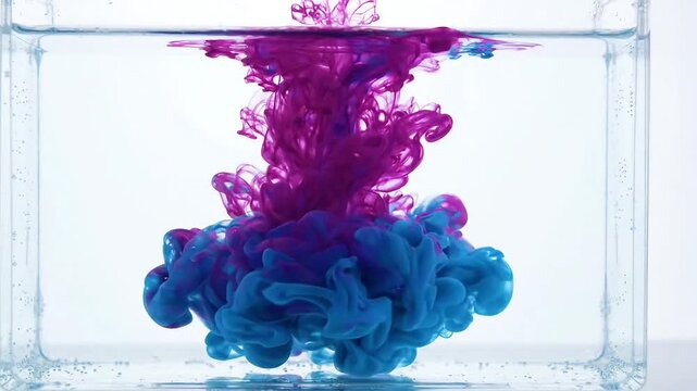 Purple and blue ink spreading in water inside clear glass tank