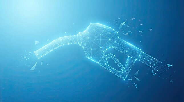Digital wireframe fuel pump nozzle in futuristic low poly style with glowing blue lines and particles abstract technological representation of fueling equipment for automotive industry with high tech