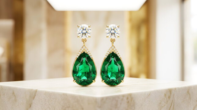 Elegant pearshaped emerald earrings with diamonds on a marble surface