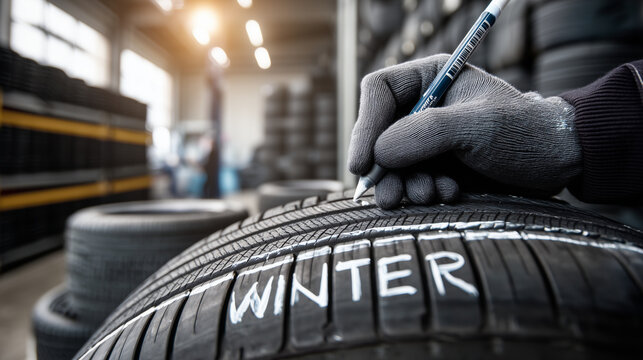 Automotive technician marking a car tire with a pen during professional tire inspection, representing vehicle maintenance, tire condition assessment, quality control, automotive service, and road safe