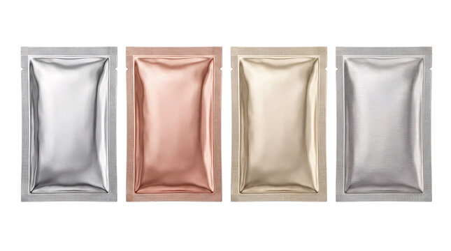 Four metallic sachet packets in isolated on png transparent background