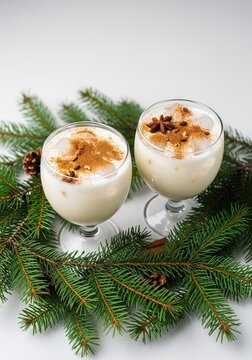 Two glasses of chilled creamy coquito topped with ground cinnamon and spice, surrounded by fresh pine branches on a festive winter table, warm, decoration, pine