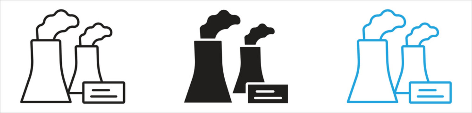 Nuclear Power Plant Icon Set, Representing Nuclear Energy, Electricity, Power Generation, Reactor, Energy, Industry, Engineering, and Technology, Vector Illustration