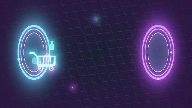 Glowing neon shopping cart traveling between teleportation portals against grid background