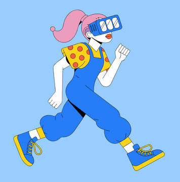 Girl running in virtual reality metaverse headset
