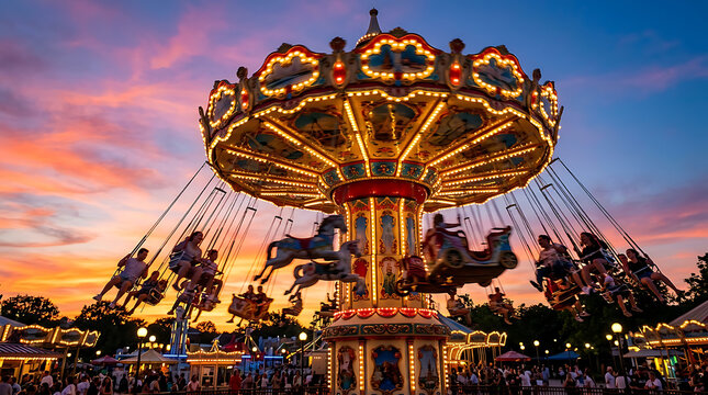 Colorful carnival swing ride at dusk with glowing lights.