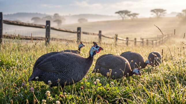 Flock of Helmeted Guineafowl foraging in a dewy grassy pasture beside a wooden fence on a misty morning