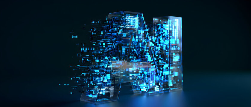 Transparent glass AI letters with flowing digital panels. Idea for artificial intelligence presentation banner and technology innovation header