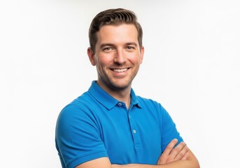Obraz premium Smiling man with arms crossed wearing blue polo shirt