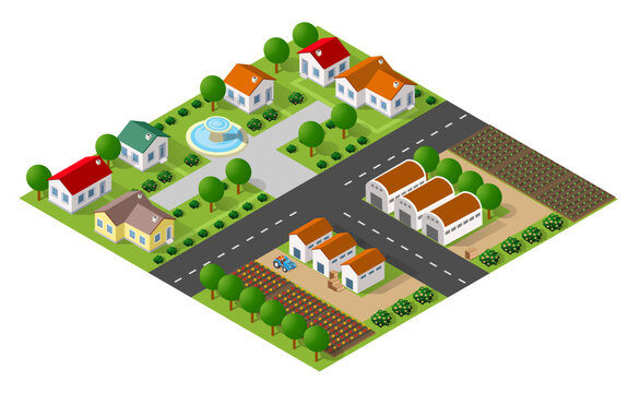 Isometric village map showing houses, farms, and roads