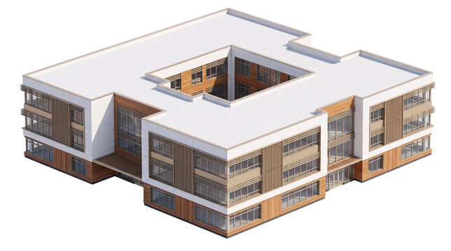 Modern courtyard building isometric isolated on png transparent background