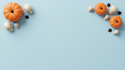Fototapeta premium Small orange pumpkins and white skulls arranged on a light blue background for Halloween celebration