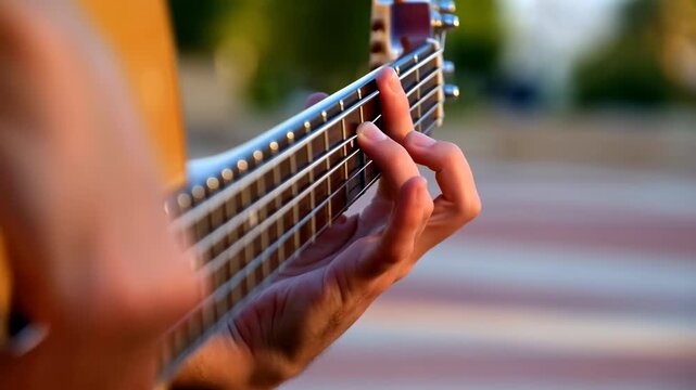 Guitarist hand playing strings on acoustic guitar neck outdoors with fingers moving along frets, showing close-up musical performance details and warm natural background in shallow focus