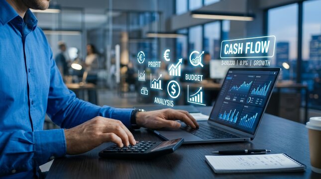 Concept of financial management and budgeting showing cash flow icons and business growth.
