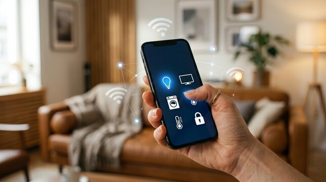 Smart home augmented reality and IoT technology being managed via a mobile phone.