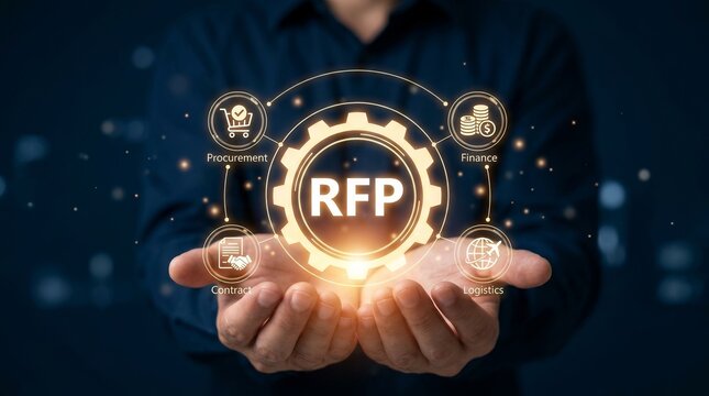 Hand holding digital RFP Request for Proposal icons representing contract, agreement, and planning.