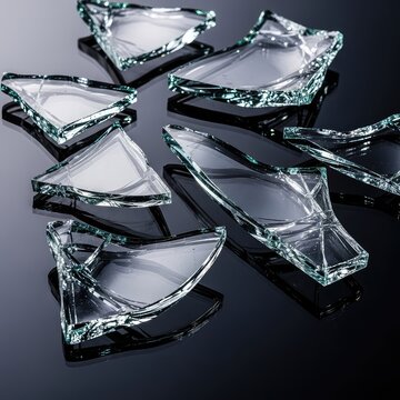 Elegant macro shot of shattered glass fragments scattered across a dark surface, featuring sharp edges and dramatic light reflections, transparent, sparkle, dark