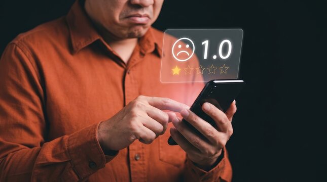 Dissatisfied user experience with bad service and low quality shown via a 0 rating on a mobile phone.