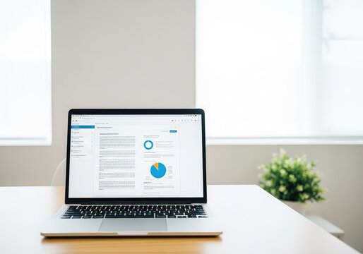 A modern laptop sits open on a clean wooden desk, displaying a digital document on the screen within a bright, minimalist office setting, data, wireless, business