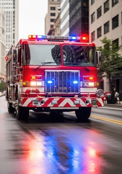 A red fire engine speeds through a city street with bright flashing emergency lights and loud sirens to signal for clear traffic passage, strobe, department, urban