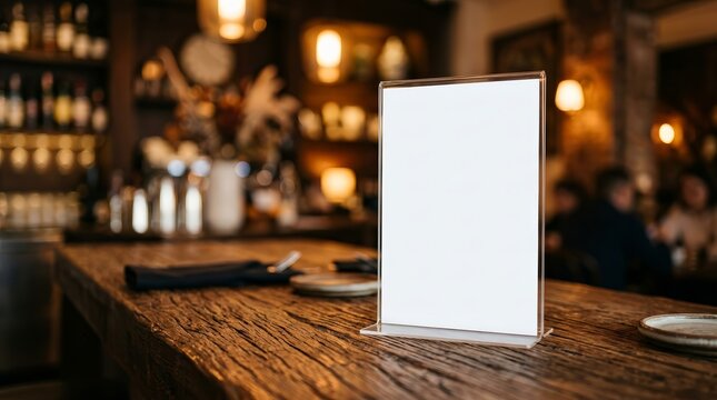 A stand mockup menu frame design for a cafe or restaurant with a blurred background layout.