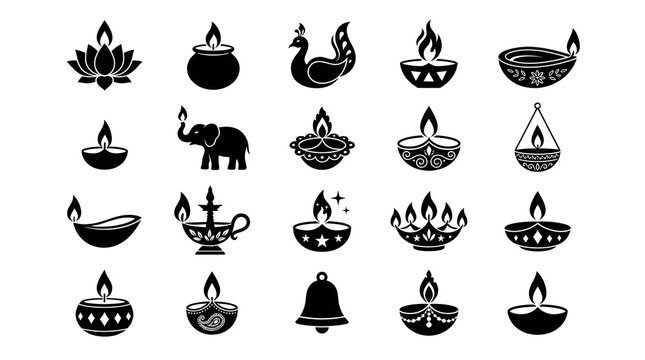 Set of decorative diwali diya oil lamp icons representing the traditional indian hindu festival of light and spiritual cultural celebration