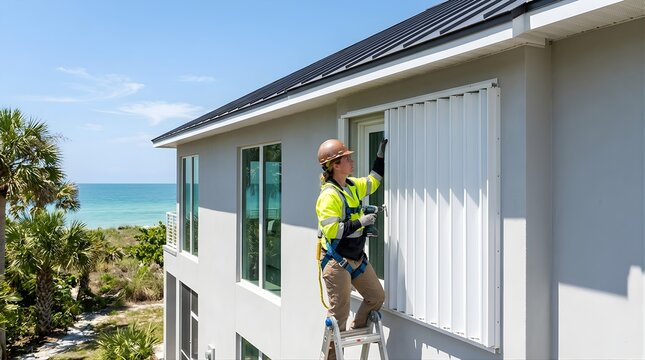 Female contractor installing hurricane shutters on a coastal home