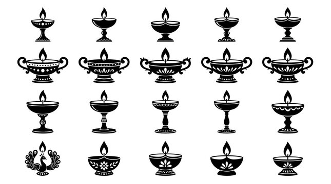 A collection of black and white icons featuring the traditional indian diwali diya oil lamp for a hindu festival celebration light