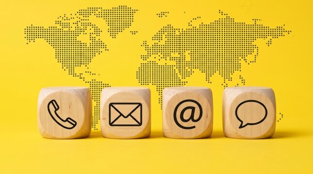 Customer support hotline concept with wooden cubes showing communication icons over a world map.