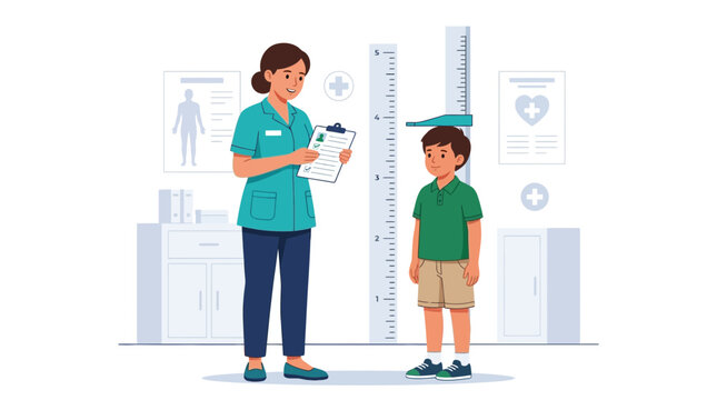 Pediatrician measuring child's height with a stadiometer in a medical clinic.