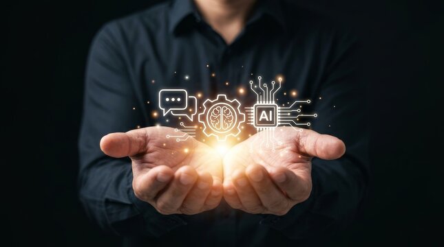 Modern AI technology and intelligent assistant concept shown in a man's open palm.