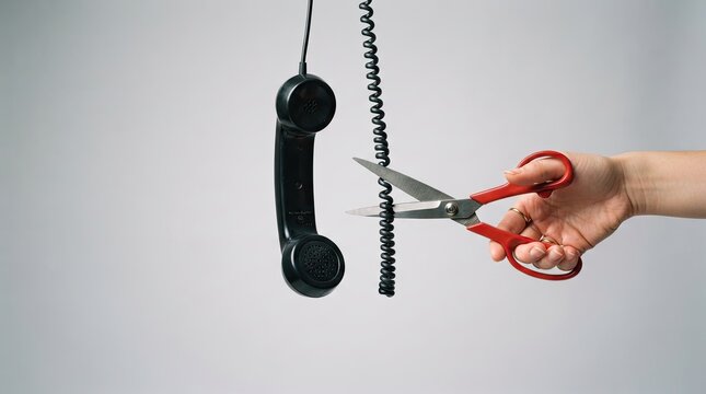 Hand cutting telephone cord with scissors as a symbol of disconnect or ending a call representing communication breakdowns or technological changes on a neutral background with black corded telephone