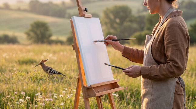 Female artist in a linen apron painting on a canvas easel in a bright sunlit grassy meadow accompanied by a wild hoopoe bird standing nearby