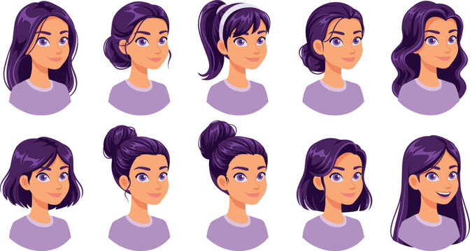 Young woman avatar avatar character icons showcasing diverse purple hairstyles cuts updos bun pony and look vector set