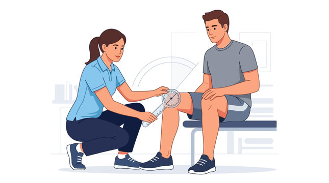 Physical therapist measuring knee range of motion with a goniometer on a patient.