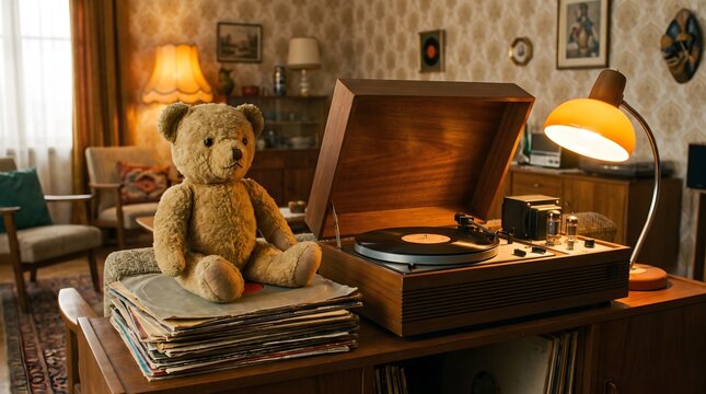 Cozy Retro Corner: Teddy Bear, Vinyl Records & Vintage Turntable