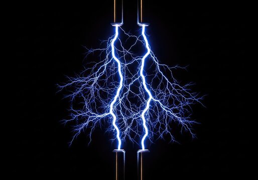 Brilliant blue electric discharge arcs powerfully between two metallic electrodes in complete darkness, creating a vivid display of energy, generator, element, electrode