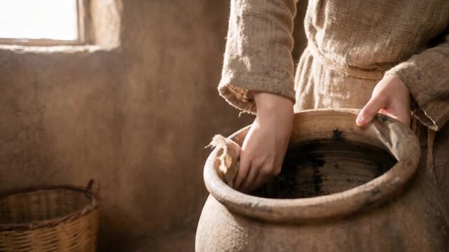 Hands cleaning the dirty interior of a clay vessel with a cloth, symbolizing Apostle Paul's concept of purification