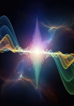 Ethereal digital artwork depicting a primordial vibration traveling through cosmic waves of light and color in a serene, vast universe, infinity, waves, peace
