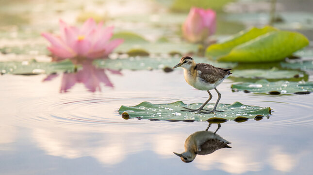 Small water bird chick walking delicately on a floating green lily pad in a tranquil pond with pink lotus flowers and water reflection