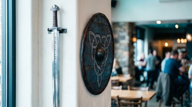 Viking sword with runic blade and shield displayed on a pale plaster wall in a themed bar, offering a cool color palette and ample copy space for design.