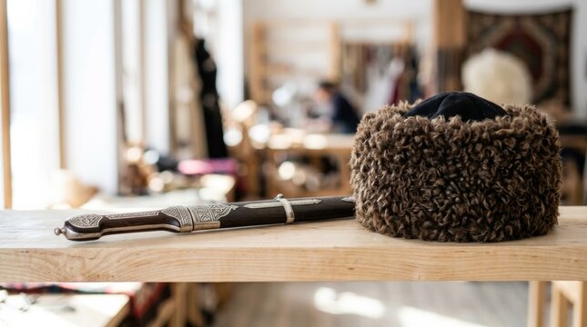 Ornate Silver-Inlaid Dagger and Fur Papakha Hat on a Light Wood Shelf, Studio Still Life