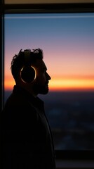 Fototapeta premium Silhouette of a relaxed young Latin man wearing headphones and enjoying music at home